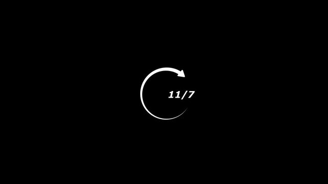 White spinning circular arrow loading icon with 11/7 text, continuous refresh or reload loop symbol for data or system status display, motion graphic isolated on black background.