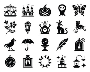 Collection Of Halloween Icons Including Carousel Castle Pumpkin Skull Butterfly And Floral Ornament horse turret jack o lantern cranium insect flower foliage lantern streetlamp potion © Biplob