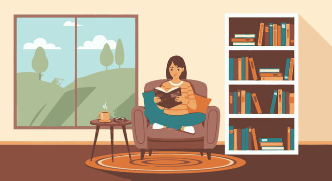 Woman reading a book in a cozy armchair.