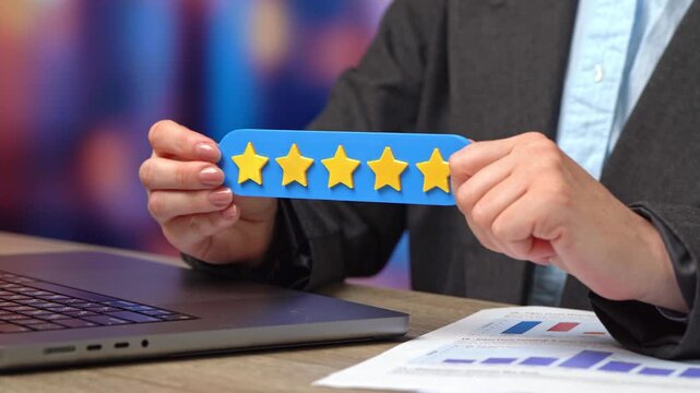 Five star rating. Popularity and customer satisfaction in business, services, and online platforms. Concept for e-commerce, marketing, feedback, brand reputation, tourism, and consumer trust.