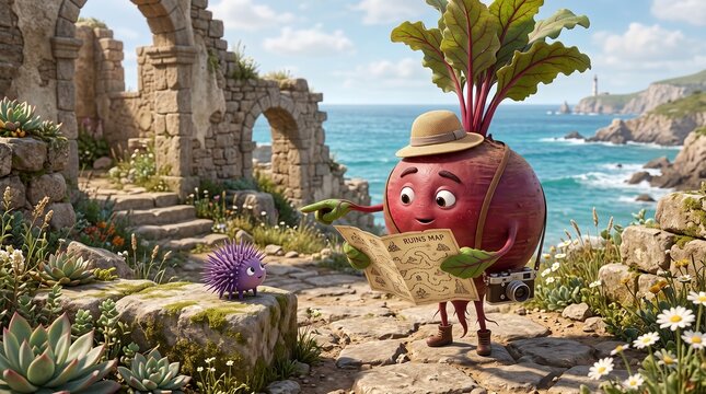 Cartoon beet character holding a map near stone ruins by ocean