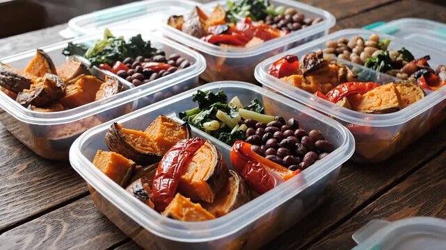 Five clear plastic meal prep containers with roasted sweet potatoes, black beans, saut&eacute;ed greens, and red bell peppers, arranged on a dark wooden surface in a bright room.