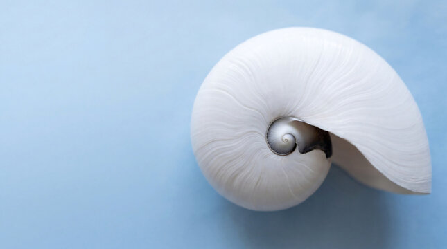 Close up of a beautiful white nautilus shell on a light blue background