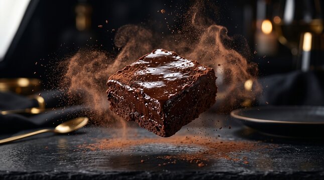 Decadent chocolate fudge brownie suspended in cocoa powder explosion