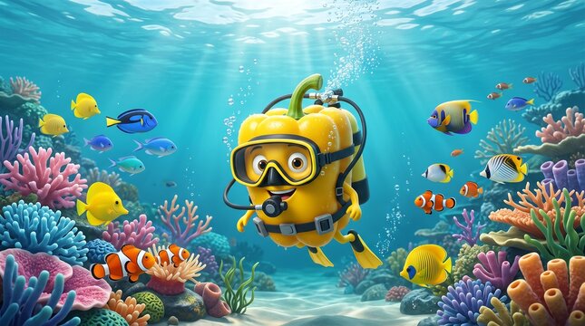Yellow bell pepper character wearing scuba diving gear underwater among fish