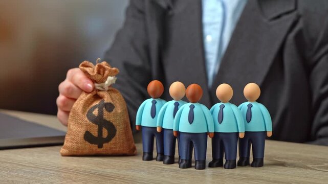 Office workers and the dollar money bag. Salaries and bonuses. Profit generated by subordinates. Cost of hiring new employees, training, and professional development.