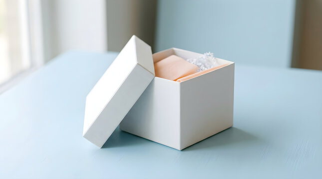 Open white gift box with peach colored tissue paper and filler on a light blue background