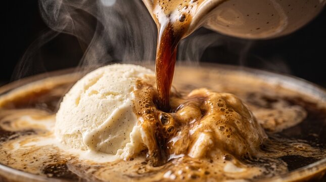 Hot espresso pouring over creamy vanilla gelato creating a delicious dessert