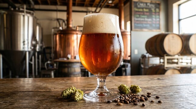 Craft beer served in a brewery with brewing equipment and barrels in the background