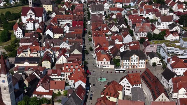Aerial view around the old town  of the city Ehingen an der Donau in  south Germany on a sunny spring day
