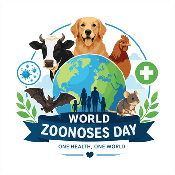 World Zoonoses Day Concept &ndash; One Health Awareness Vector Illustration with Animals and Globe.