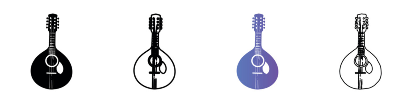 Collection of four mandolin instrument icons in different styles