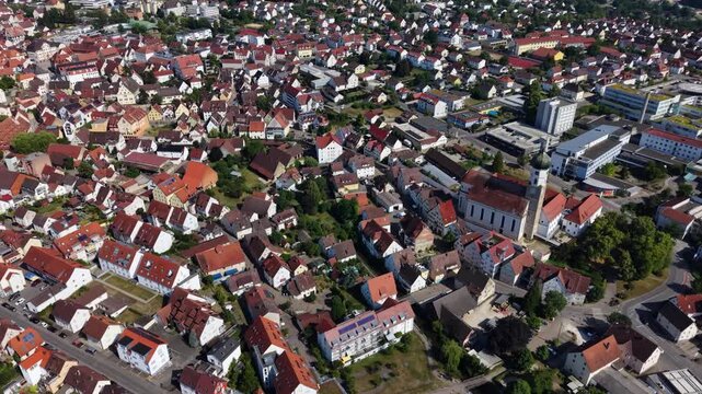 Aerial view around the old town  of the city Ehingen an der Donau in  south Germany on a sunny spring day