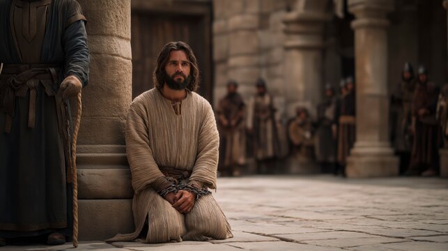 Jesus kneels before a stone pillar in the Roman courtyard with His hands bound in chains, while soldiers stand nearby holding leather whips, revealing His humble obedience and sacrificial love before 