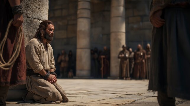 Jesus kneels before a stone pillar in the Roman courtyard with His hands bound in chains, while soldiers stand nearby holding leather whips, revealing His humble obedience and sacrificial love before 