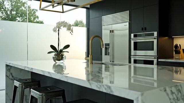 Contemporary kitchen interior showcasing matte black cabinetry paired with white marble countertops, featuring integrated appliances, minimalist hardware, and high-end residential styling.