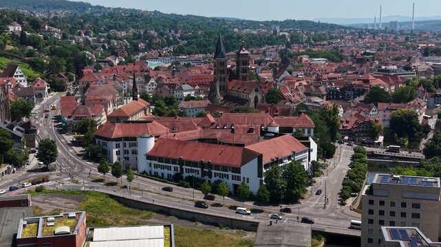  A panoramic aerial view beside the old town in the city Esslingen in Germany on a sunny summer noon. 