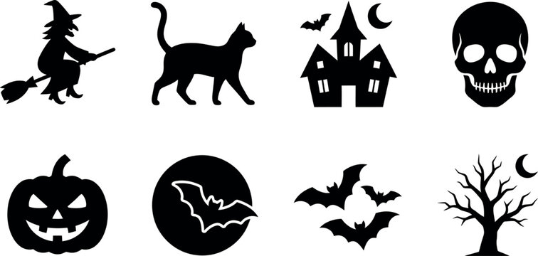 A classic spooky haunted house silhouette featuring a tall ominous building with many windows under a crescent moon