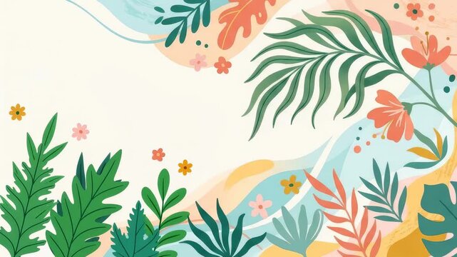 Seamless tropical botanical border illustration with colorful leaves and flowers, decorative flat floral pattern for backgrounds and banners.