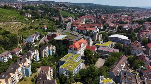  A panoramic aerial view beside the old town in the city Esslingen in Germany on a sunny summer noon. 