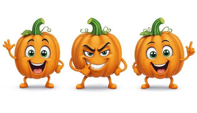 Three cute and funny pumpkin characters with happy and evil expressions on white background.