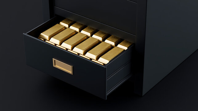 Abundant Gold Ingots Inside a Dark Drawer of a Safe or Cabinet, Symbolizing Wealth, Security, and Valuable Assets in a Sleek Setting