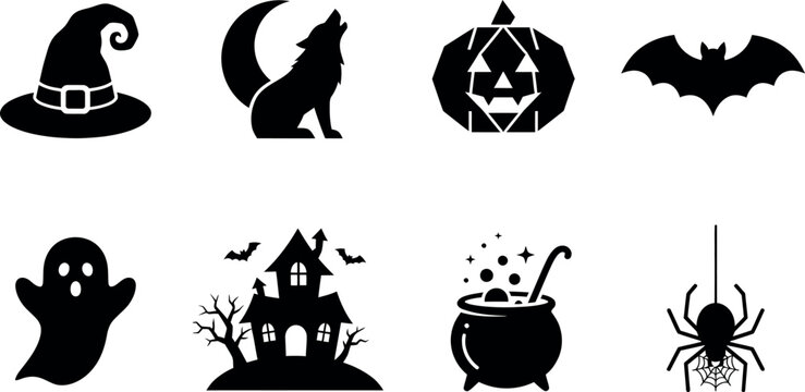 Collection of scary Halloween silhouette icons featuring a witch hat howling wolf bat ghost haunted house cauldron spider