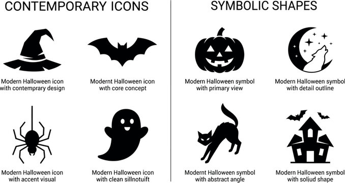 Contemporary and symbolic Halloween icon collection featuring witch hat bat spider ghost pumpkin wolf cat haunted house