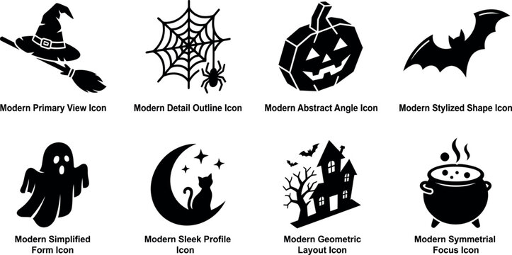 Contemporary Halloween icon set featuring witch hat broom spider web pumpkin bat ghost cat moon haunted house