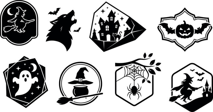 Decorative Halloween silhouettes in frames depicting a witch wolf haunted house pumpkin ghost witch hat spider