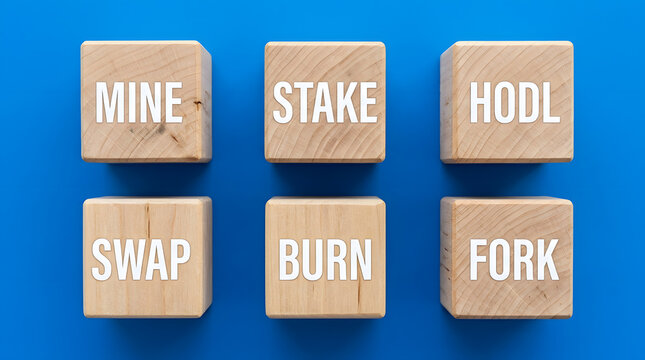 Cryptocurrency Terminology on Wooden Blocks | Digital Asset Investment Strategies with Mine Stake and Hodl | Blockchain Technology Concepts on Blue Background | Crypto Trading and Finance Terms