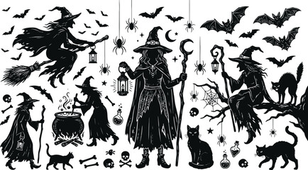 Fototapeta premium Halloween day silhouette illustrations witches bats cats and spooky symbols