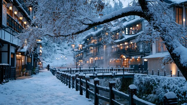 Winter&rsquo;s Gentle Embrace: Warm Gas Lanterns and Rising Steam in Snow-Covered Ginzan Onsen