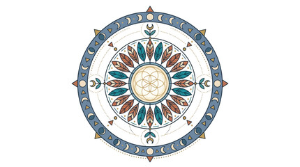 Fototapeta premium Geometric celestial mandala with moon phases and sun rays.