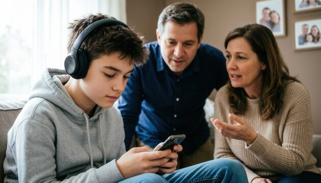 Teen boy wearing headphones ignoring parents while using smartphone in living room, family communication conflict and digital addiction concept.