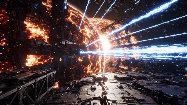 Spaceship approaches glowing alien portal while blue energy beams streak across ruined industrial space station corridor, fiery explosions flare, metallic structures frame scene in deep space, sci