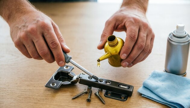 Close-up of male hands using yellow oil can and screwdriver to lubricate a metal door hinge on a wooden table, fixing squeaky noise with tools and a blue cloth for home maintenance repair.