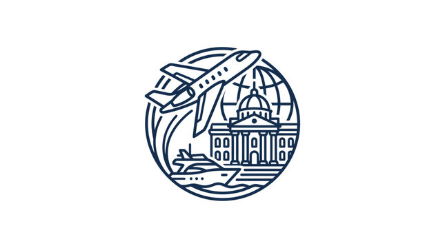 Global travel icon with plane globe and architecture