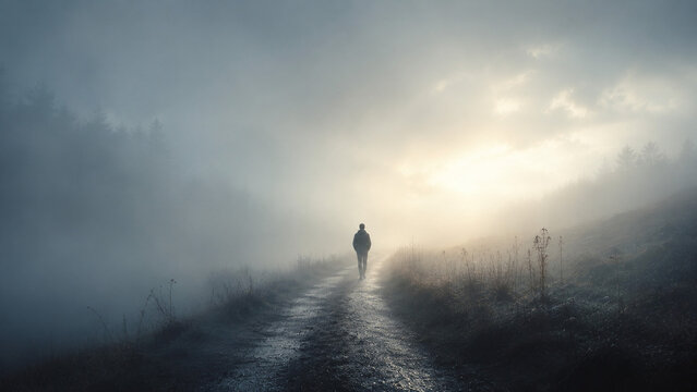 Walking Toward the Light Through Fog on a Lonely Forest Path