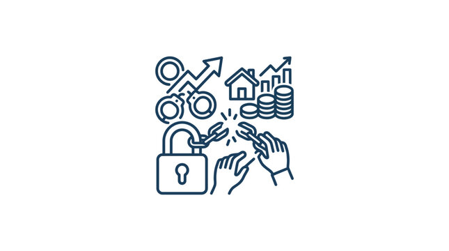 Hands breaking chains with lock and financial icons.