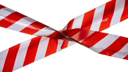 Fototapeta premium Isolated red and white striped caution tape crossing each other, concept of danger and restriction