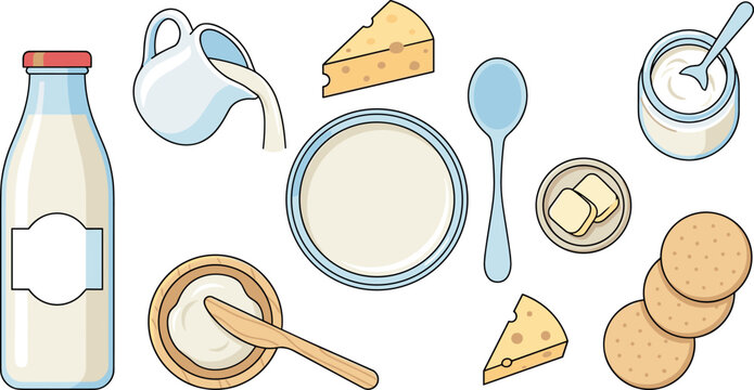 Fresh dairy products vector illustration set with glass milk bottle jug pouring cream cheese wedges yogurt jar butter crackers and bowls isolated on white background