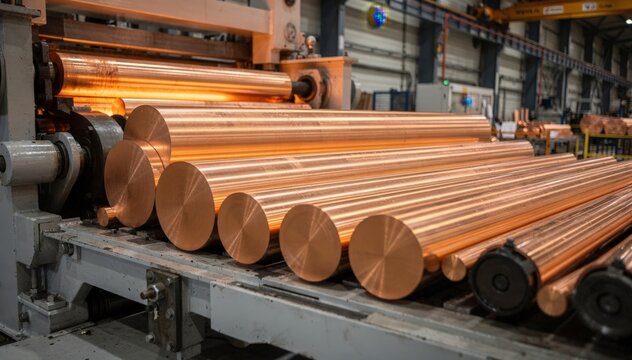 Bright copper billets feed steadily into a casting line capturing the transition from raw material to solid rods emphasizing the billet feed methods efficiency in metal