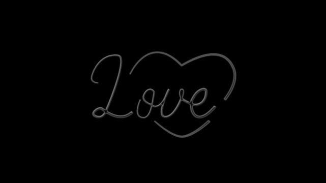Love word appears as a sophisticated neon-style script on a black background.