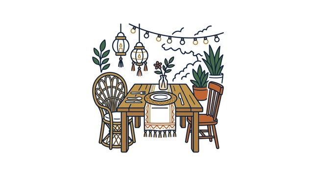 Interior boho dining room with wicker chairs and lights.