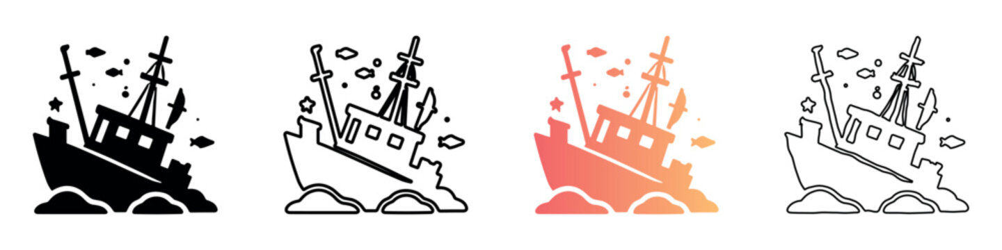 Stylized sinking ship icon with fish and debris in the ocean waves