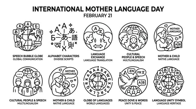 International Mother Language Day illustration with diverse language symbols and multicultural families.