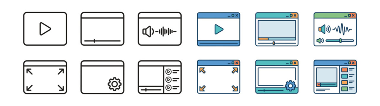 Video player window interface icons set with play volume fullscreen settings playlist