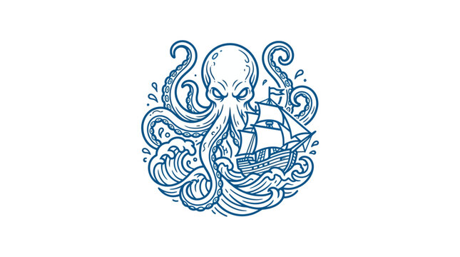 Kraken sea monster attacking vintage ship emblem.