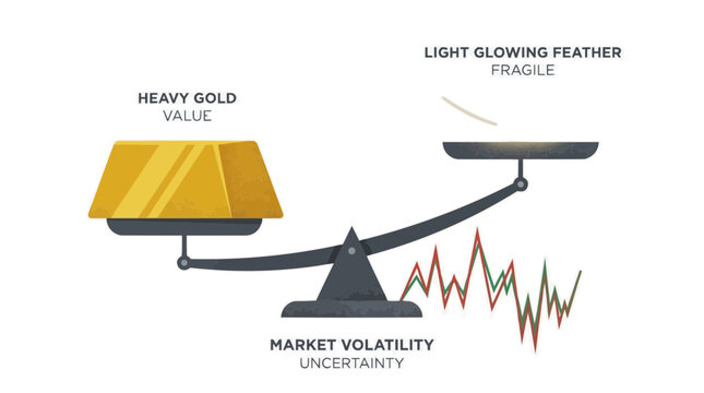 Balance scale comparing heavy gold bar value against light feather representing market volatility and uncertainty